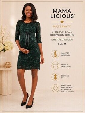 NWT Mama Licious Maternity Stretch Lace Bodycon Dress in Emerald Green Size M